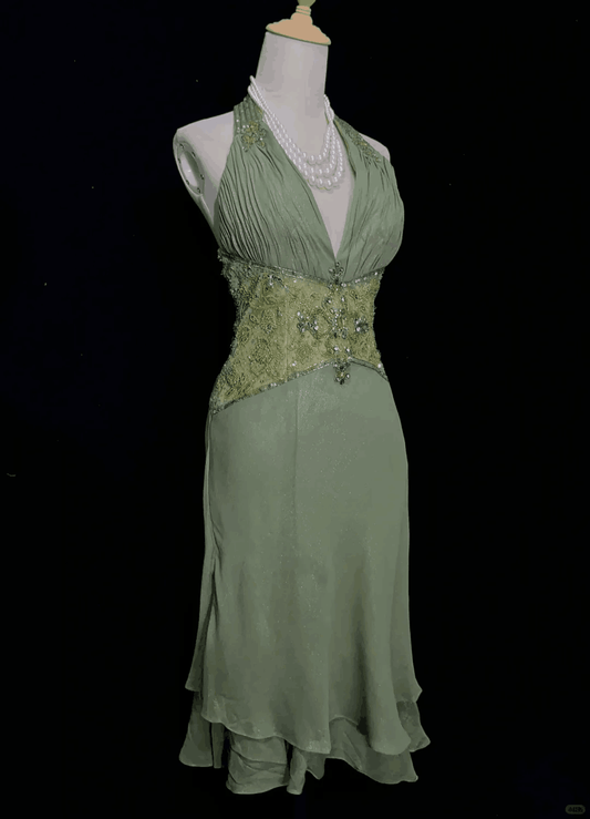 Elegant Halter V Neck Sage Green Chiffon Beaded Short Homecoming Dress Cocktail Dress SP2913