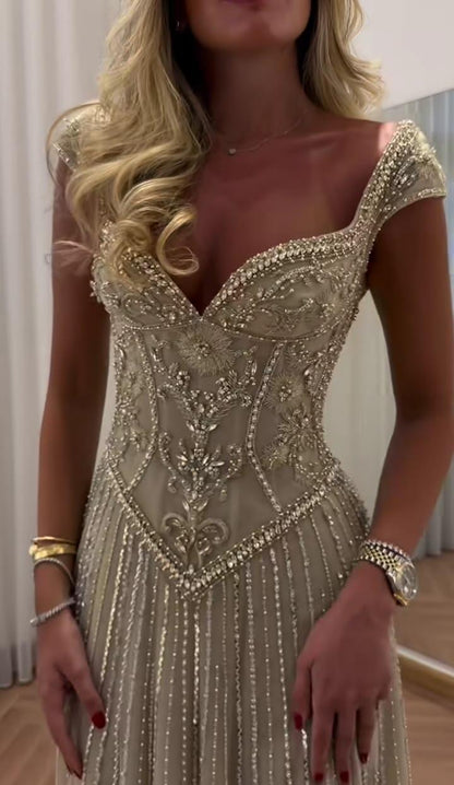 Gorgeous V Neck Tulle Beaded A Line Evening Dress Long Party Dress SP4264