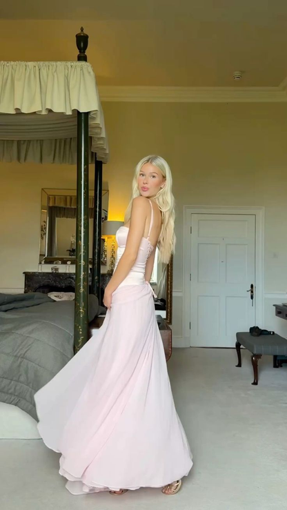 Pretty Spaghetti Straps Pink Satin Chiffon Mermaid Evening Dress Long Wedding Guest Dress SP1030