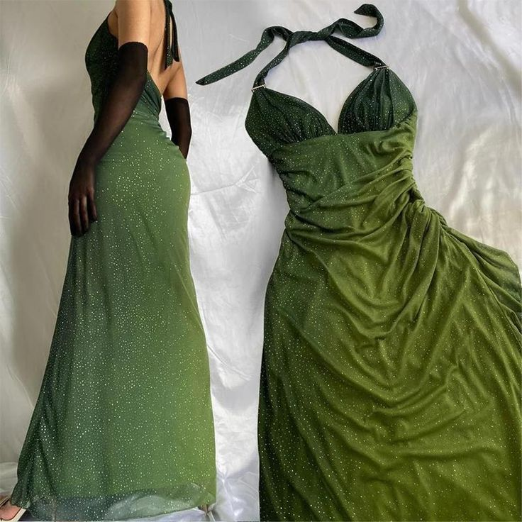 Sexy Halter Ombre Green V Neck Chiffon Long Prom Dress Party Evening Gown Y7484