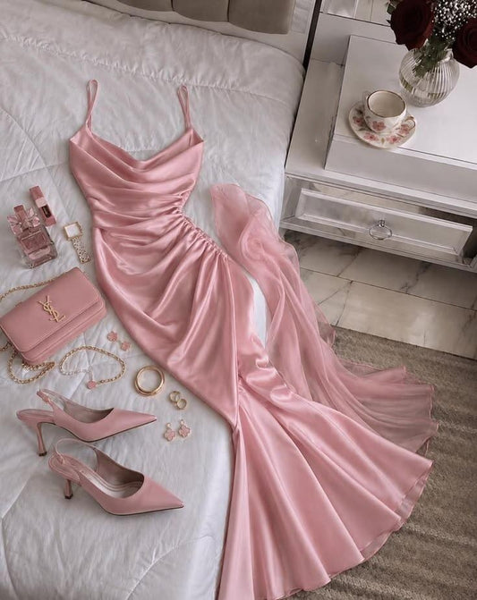 Classy Satin Pleated Mermaid Prom Dress,Pink Long Party Gown With Scarf SP2684