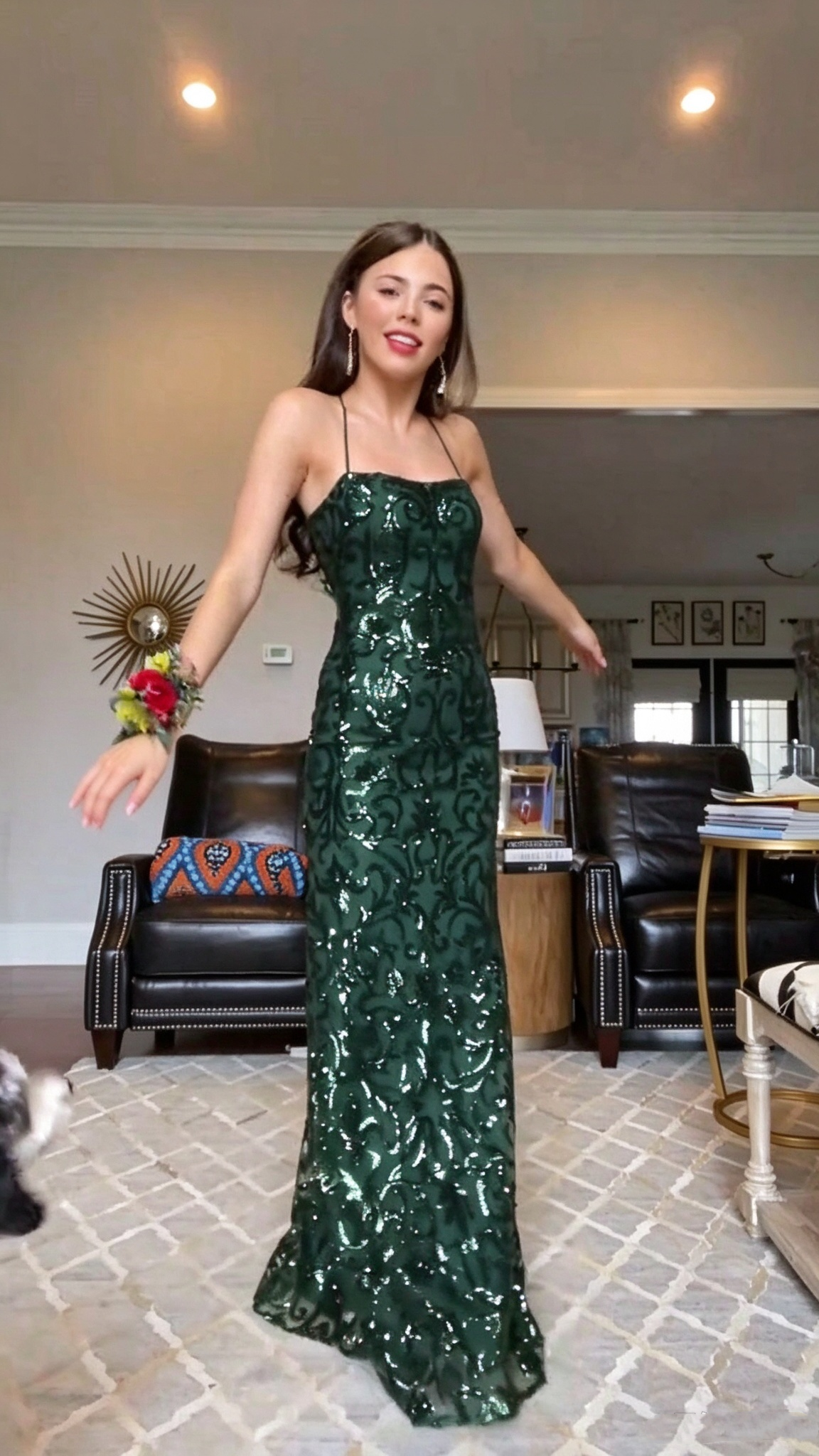 Elegant Spaghetti Straps Tulle Sequin Floral Prom Dress Emerald Green Mermaid Long Party Dress SP4228