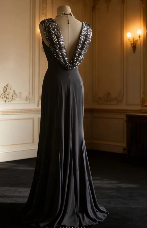 Retro Sleeveless Sequin Satin Mermaid Long Wedding Guest Dress Evening Gown SP1023