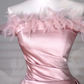 Elegant Feathers Neck Strapless Tulle Satin Ball Gown,Pink A Line Prom Evening Dress Y8629