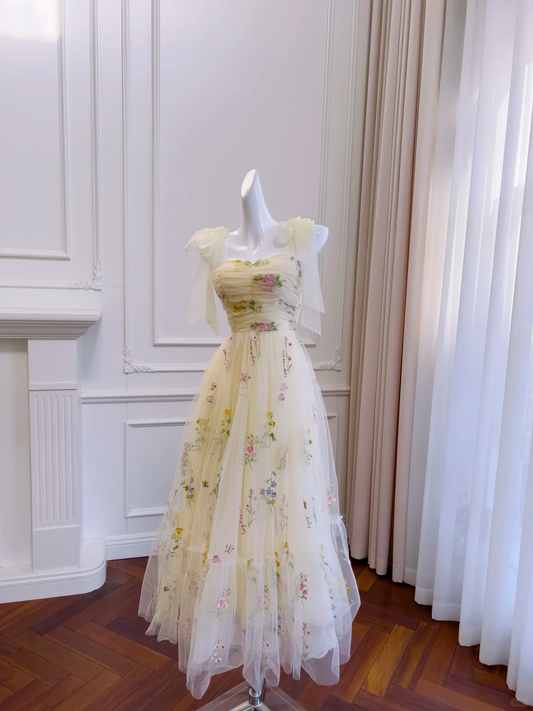 Sweet Pastel Yellow Tulle Floral A Line Long Prom Dress Birthday Party Gown SP2565