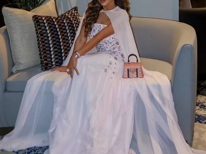 Elegant Strapless White Chiffon Beaded Mermaid Prom Dress Formal Birthday Party Dress SP585