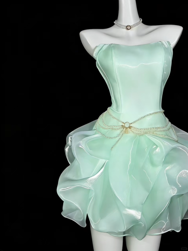 Classy Strapless Mint Green Tulle Pleated Short Homecoming Dress Cocktail Dress SP3541