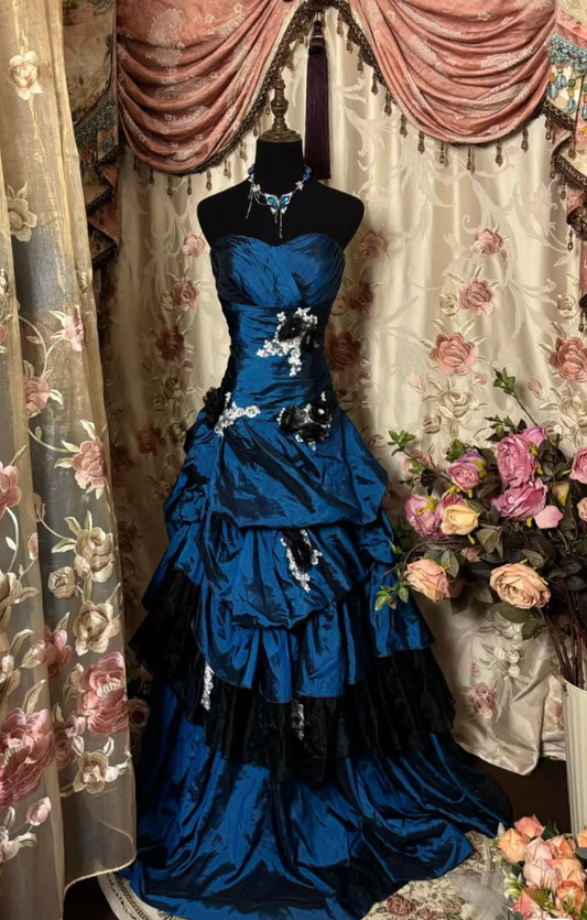 Retro Navy Blue Strapless Satin Layered Beaded Appliques Mermaid Prom Dress Formal Evening Gown SP534