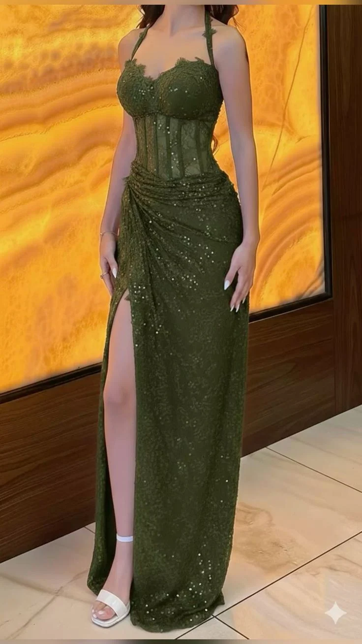 Pretty Burgundy Lace Split Sheath Long Party Dress Halter Long Wedding Guest Dress SP4124