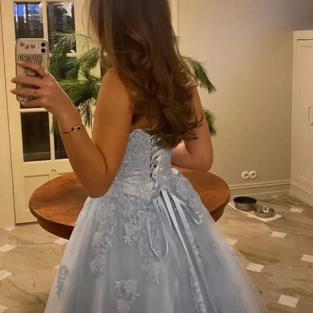 Fairy Blue Strapless Tulle Appliques Beaded A Line Long Prom Dress Birthday Party Dress SP2111
