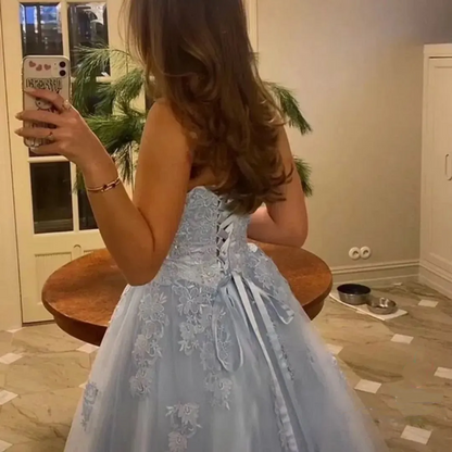 Fairy Blue Strapless Tulle Appliques Beaded A Line Long Prom Dress Birthday Party Dress SP2111