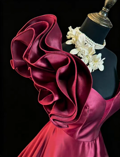 Vintage One Shoulder Ball Gown Burgundy Satin Ruffles Long Party Dress SP2768