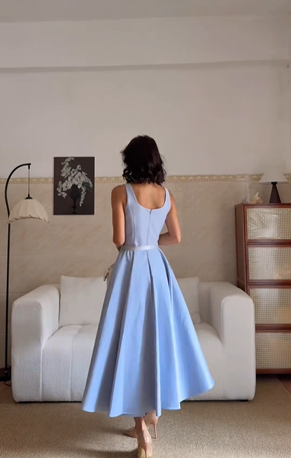Sweet Blue Sleeveless Satin A Line Birthday Dress Long Party Gowns SP2071