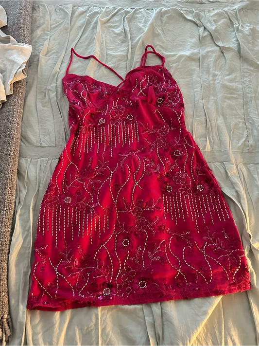 Vintage Rose Red Satin Sequin Beaded Short 9th Grade Homecoming Dress Birthday Outfits SP2783