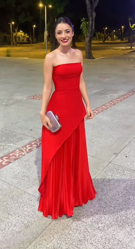 Charming Red Strapless Satin Pleated A Line Long Evening Dress Wedding Guest Dress SP517