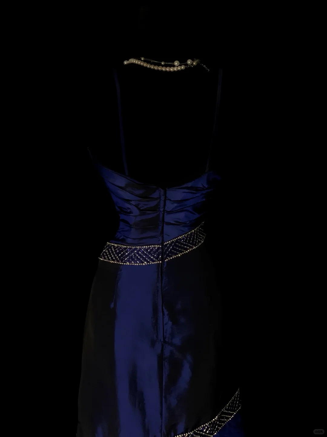 Gorgeous Spaghetti Straps Navy Blue Satin Beaded Mermaid Long Evening Dress Birthday Party Dress SP4075