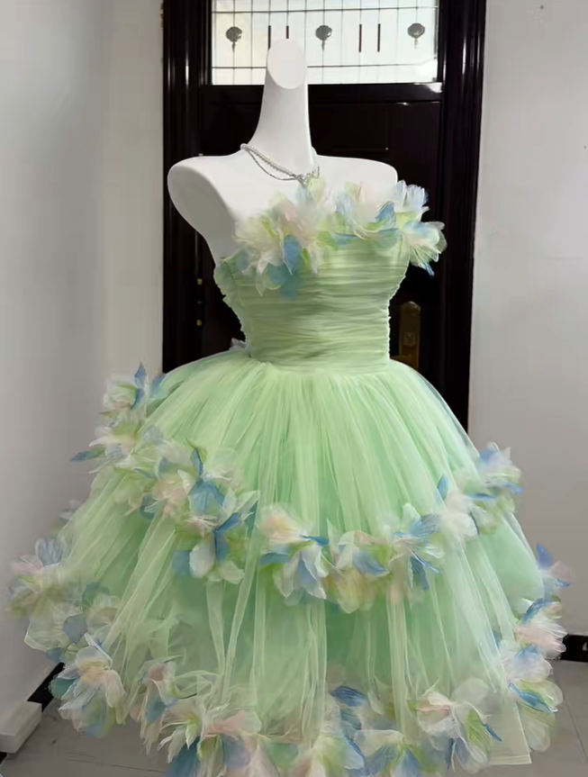 Cute Green Strapless Tulle Petals A Line Short 15th Birthday Outfits Homecoming Dress SP2811
