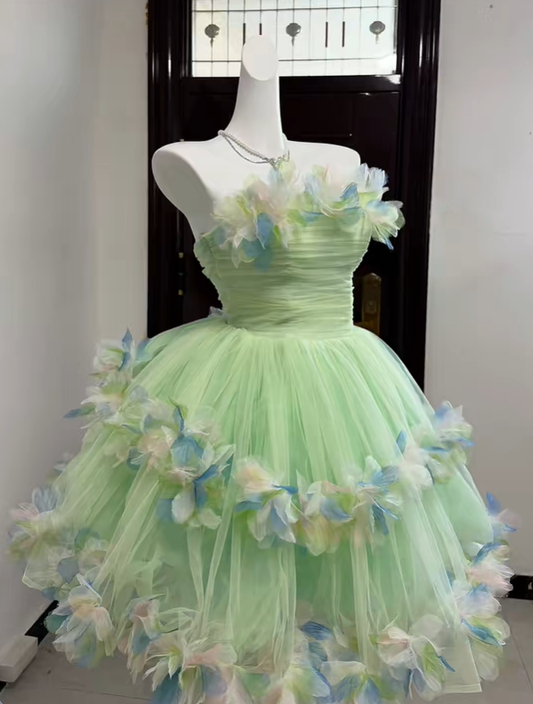Cute Green Strapless Tulle Petals A Line Short 15th Birthday Outfits Homecoming Dress SP2811