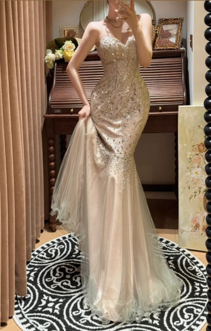 Fashion Strapless Champagne Tulle Beaded Mermaid Party Dress Long Birthday Prom Gown SP1087