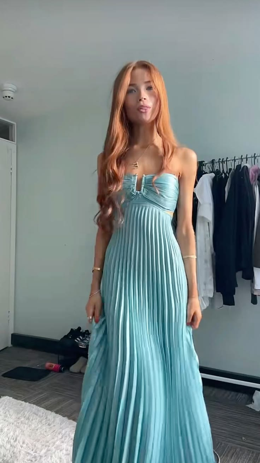 Unique Strapless Satin Pleated A Line Prom Dress,Blue Long Party Gown SP2959