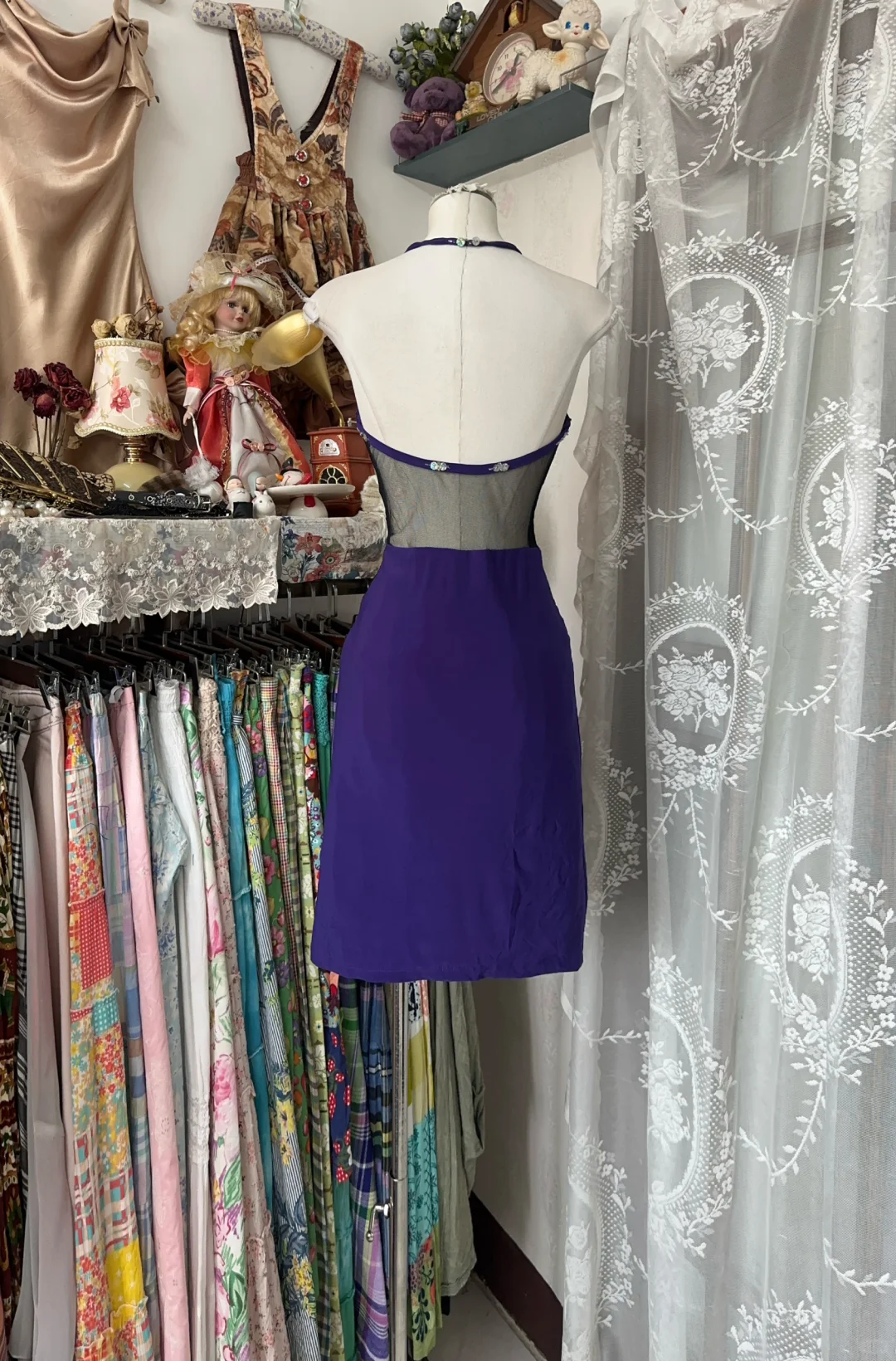 Vintage Purple Satin Beaded Sheath Cocktail Dress Halter Short Birthday Dress Homecoming Dress Y9001
