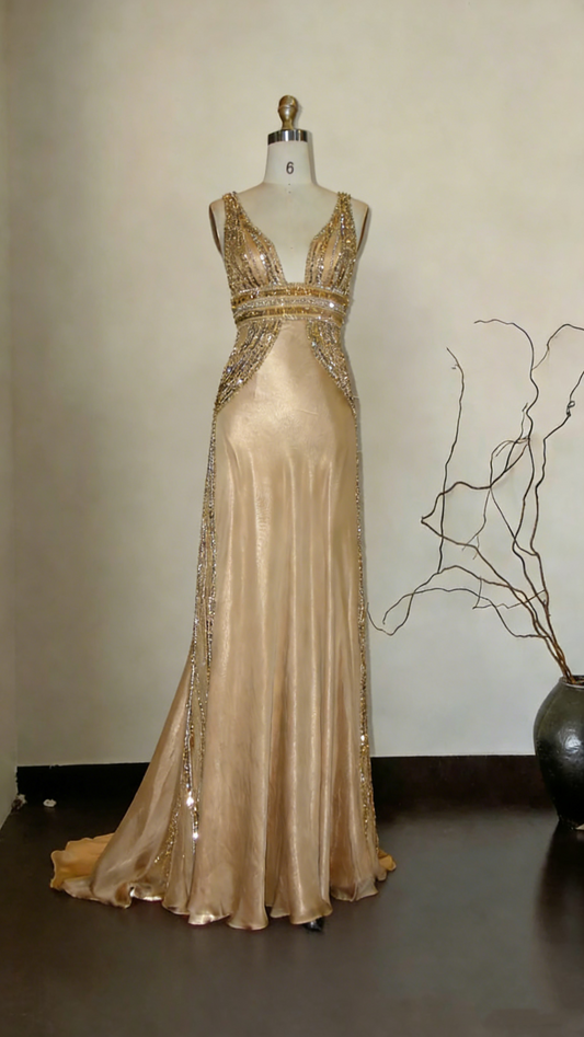 Gorgeous Sleeveless Beaded Champagne Evening Dresses Long Mermaid Party Dress SP1685