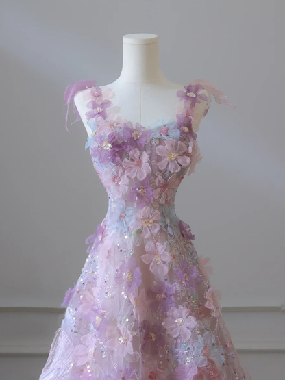 Pink Tulle Flower Long Evening Dress Princess Formal Prom Dress Y7455