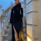 Sexy One Shoulder Slit Black Evening Dress Prom Dress With Gloves Y7686