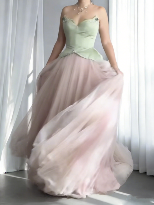 Pretty Strapless Tulle Beaded A Line Long Evening Dress Birthday Prom Dresses SP2051