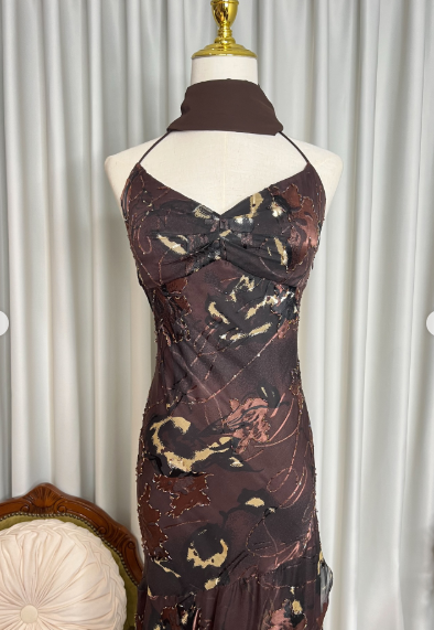 Vintage Halter Chocolate-Brown Chiffon Floral Prints Beaded Mermaid Party Dress Formal Prom Gown With Ribbon SP626