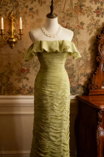 Elegant Green Off The Shoulder Chiffon Pleated Sheath Long Prom Dress Evening Gown SP1025