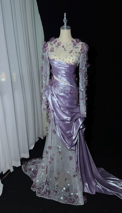 Charming Purple Satin Tulle Appliques Beaded Mermaid Party Dress Pink Long Prom Dress SP4219