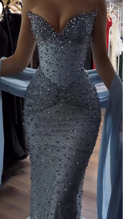 Elegant Strapless Blue Tulle Beaded Mermaid Long Prom Dress Party Dress SP3406