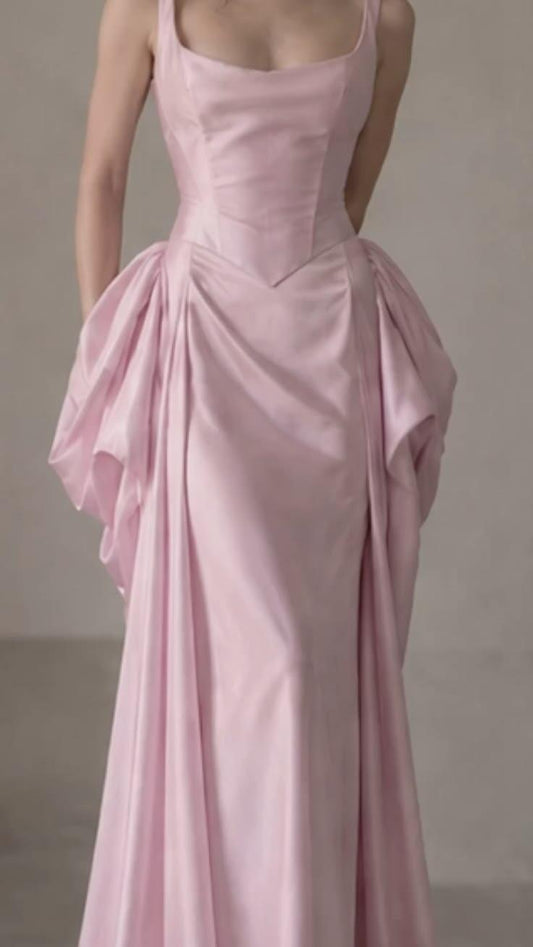 Glamorous Pink Satin Pleated Mermaid Long Party Dress Formal Long Wedding Guest Dress SP4028