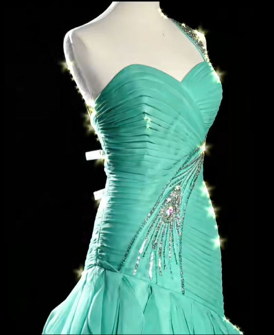 Classy One Shoulder Green Satin Beaded Pleated Chiffon Ruffle Mermaid Long Party Dress 20th Birthday Outfits SP1852