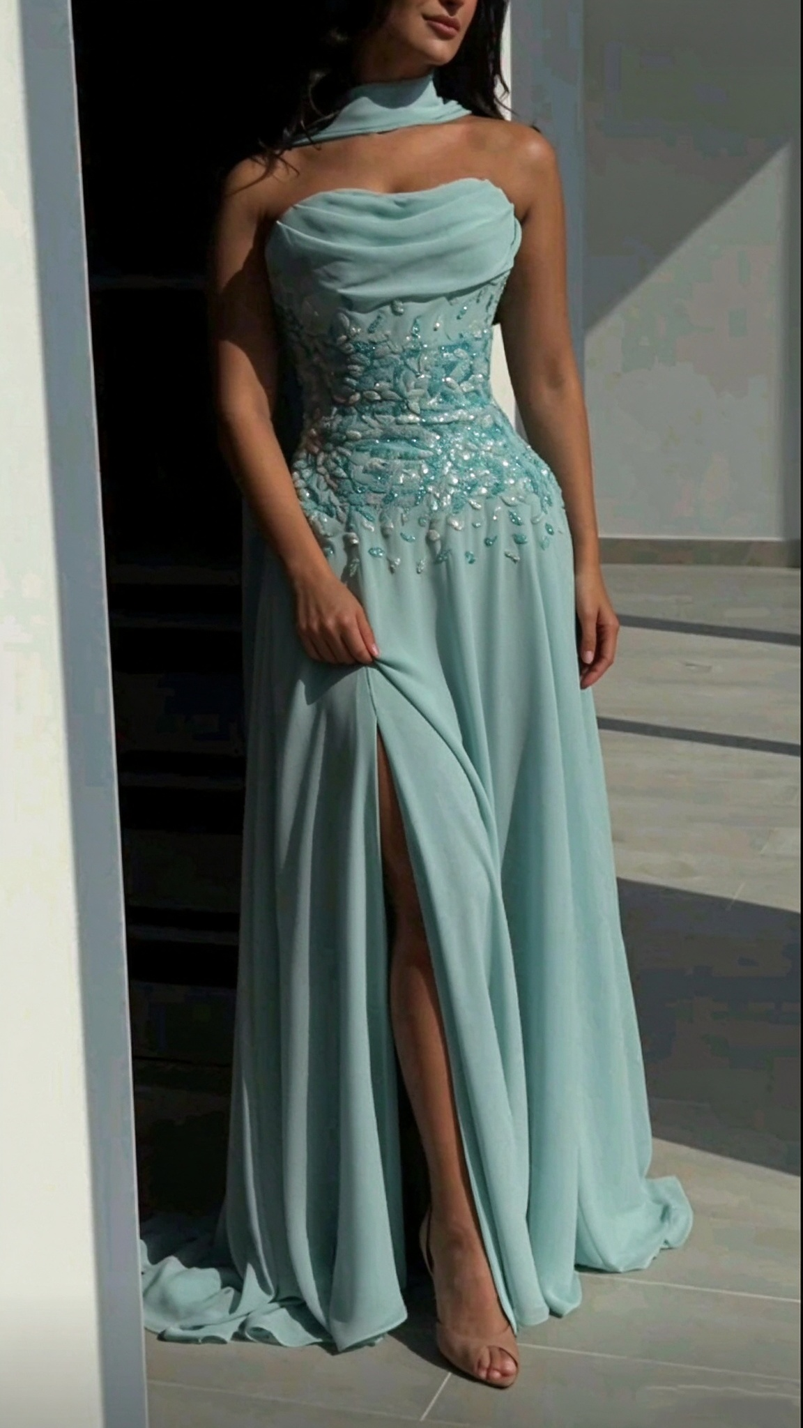 Elegant Strapless Mint Green Chiffon Beaded Slit Long Party Dress Prom Gowns SP4272