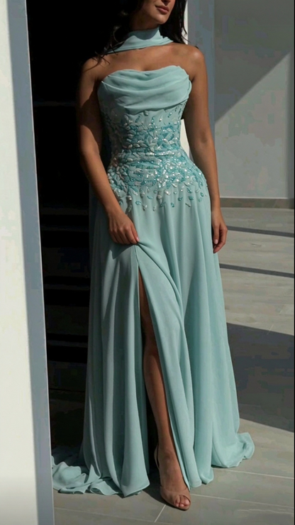 Elegant Strapless Mint Green Chiffon Beaded Slit Long Party Dress Prom Gowns SP4272