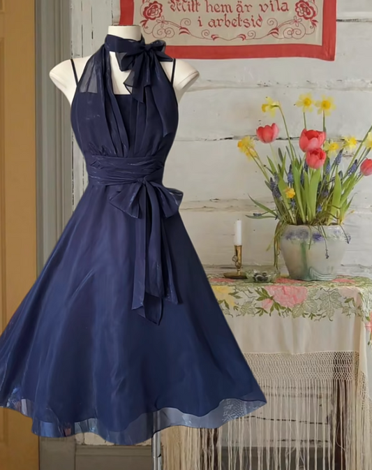 Elegant Halter Chiffon Navy Blue A Line Short Homecoming Dress Birthday Outfits Y9995