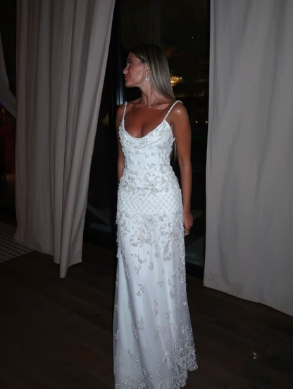 Gorgeous White Spaghetti Straps Satin Tulle Beaded Long Party Dress Birthday Outfits SP853