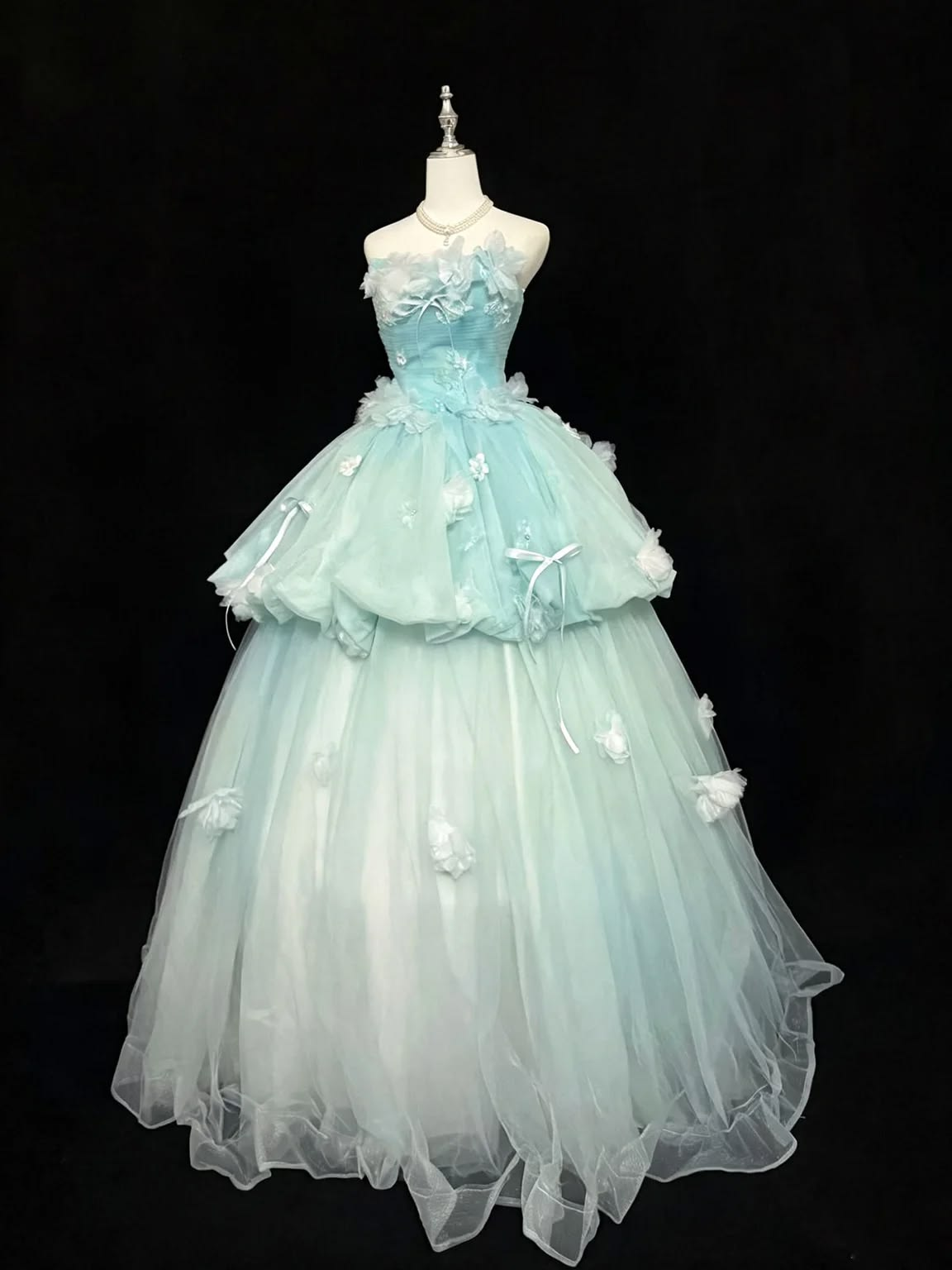 Fairy Strapless Blue Tulle Appliques Long Party Dress Prom Dress SP3637