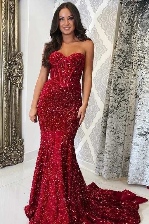 Red Sequin Corset-Top Mermaid Long Prom Gown Formal Dresses Y5960