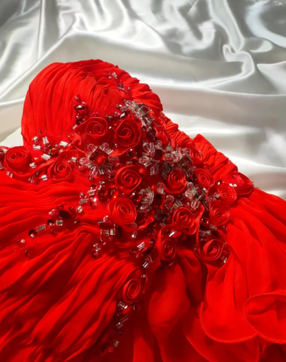 Pretty Strapless Beaded Chiffon Ruffles Mermaid Long Party Dress Red Slit Prom Dresses SP415
