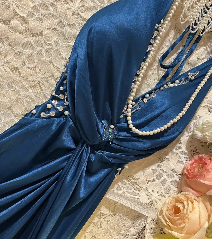Sexy Navy Blue Halter V Neck Satin Pleated Beaded Mermaid Party Dress Long Wedding Guest Dress SP408
