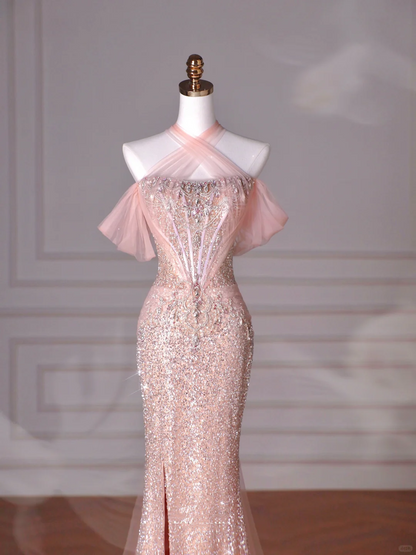 Classy Pink Halter Sequin Beaded Tulle Mermaid Evening Dress Long Prom Dress Y8620
