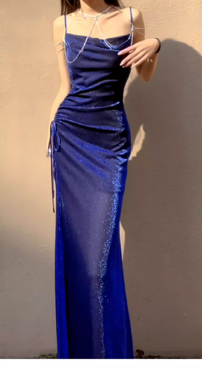Shiny Spaghetti Straps Royal Blue Tulle Sequin Mermaid Long Party Dress Prom Gowns SP2005