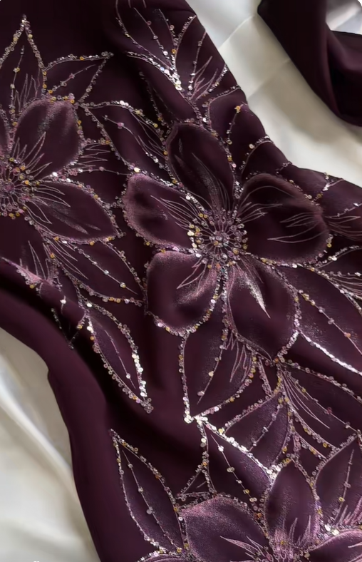 Retro Spaghetti Straps Purple Chiffon Sequin Floral Long Party Dress Prom Gown With Scarf SP2243