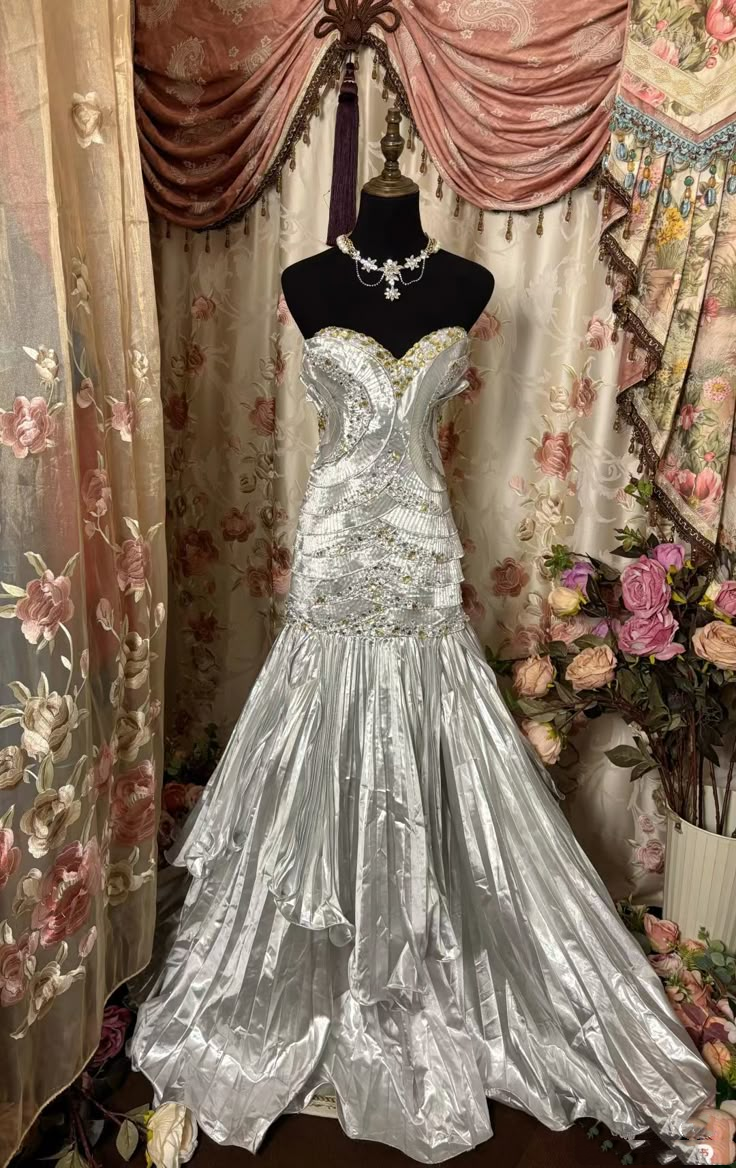 Gorgeous Strapless Silver Satin Pleated Beaded Mermaid Party Dress Long Prom Dress SP633