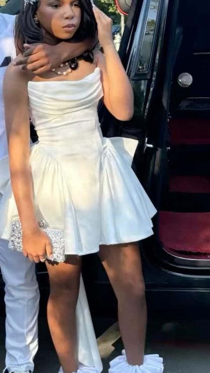 Cute Strapless White Satin A Line Short 6th Grade Homecoming Dress Cocktail Dress With Bow SP2493