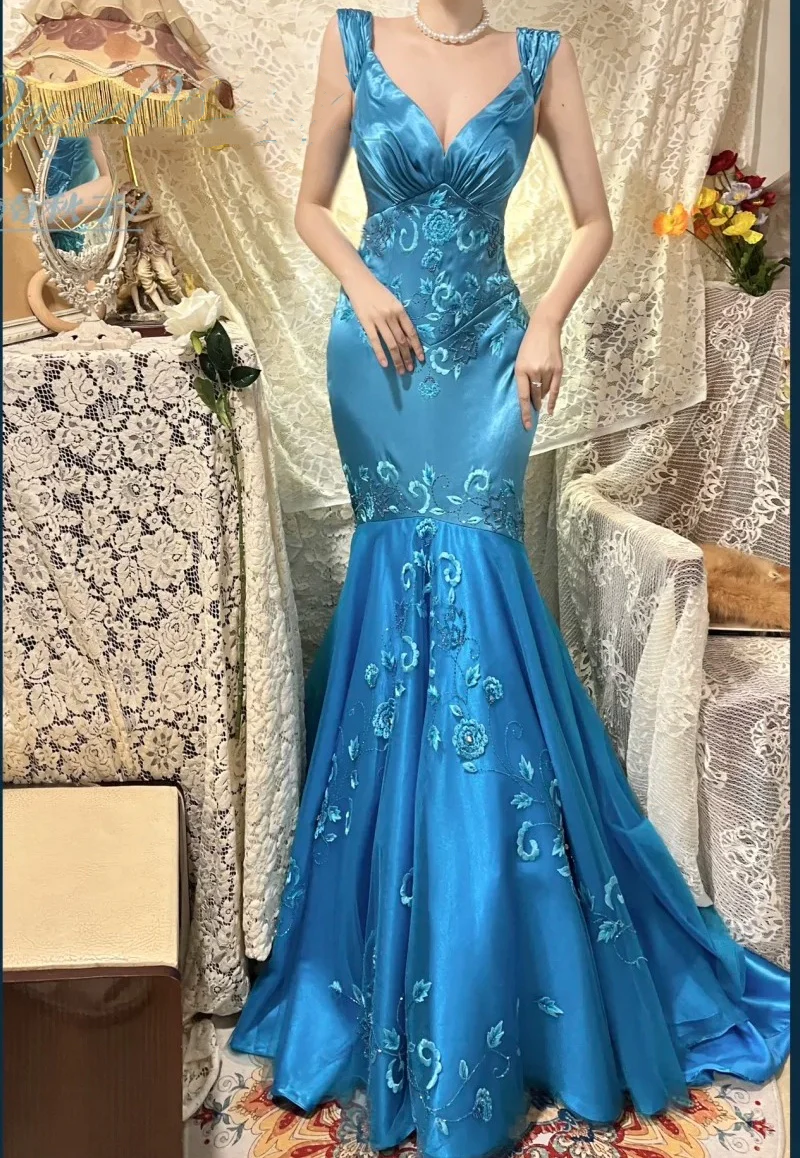 Classy Blue V Neck Satin Embroidery Flowers Beaded Mermaid Party Dress Long Prom Gowns SP411