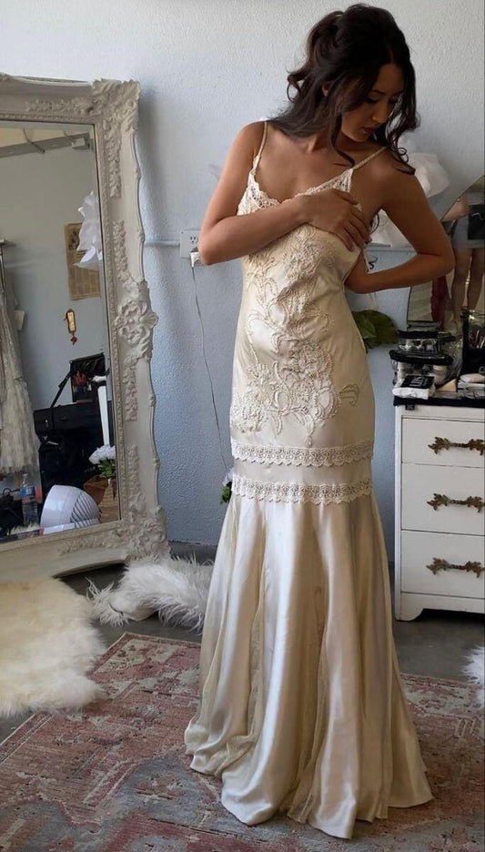 Fashion Spaghetti Straps Apricot Satin Beaded Mermaid Long Prom Dress Party Gown SP1166